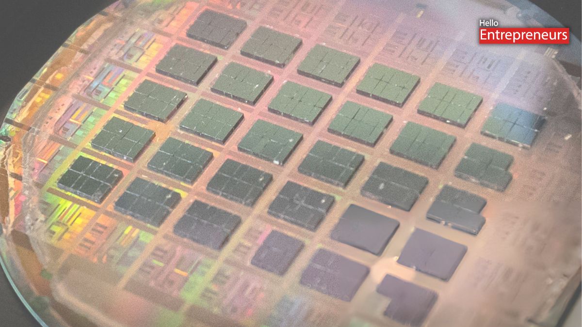 The reflective silicon architecture of a cutting-edge 3-nanometer semiconductor wafer, showcasing the core technology driving Taiwan's multi-trillion-dollar market surge.