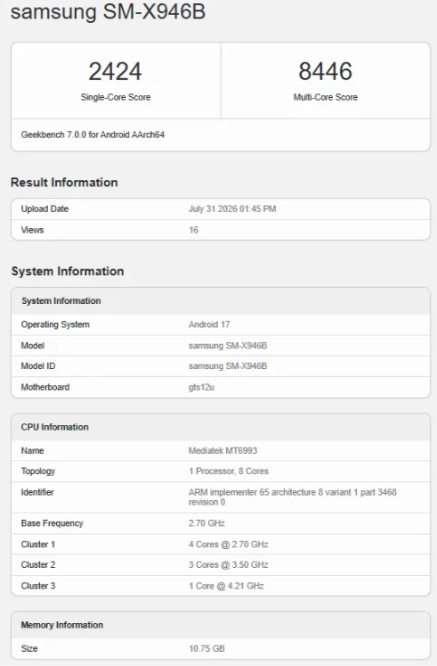Galaxy Tab S12 Ultra benchmark confirms powerful Dimensity 9500 processor