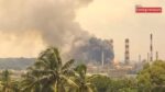 Emergency response teams and fire tenders deployed at the MRPL refinery site following an industrial explosion