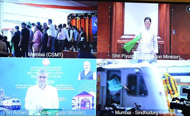 Union Ministers Ashwini Vaishnaw and Piyush Goyal Flag Off New Train Service Connecting Mumbai and Sawantwadi Road