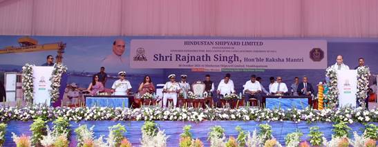Raksha Mantri Launches India’s First Indigenous Fleet Support Ship ‘INS Surya’ at Hindustan Shipyard Ltd